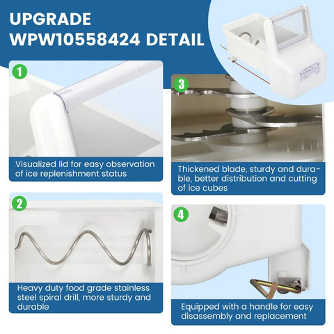 Ice Maker Replacement WPW10558424 Ice Bucket Assembly details showing lid, blade, spiral drill, and handle features.