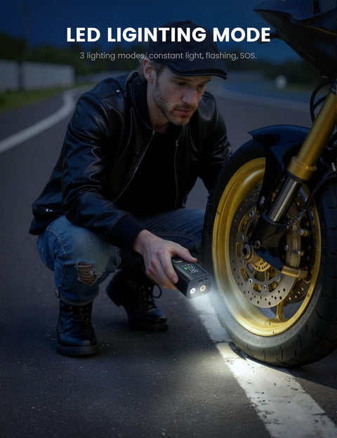 Man uses Portable Car Tire Inflator Air Compressor Cordless 150 PSI With Rechargeable Battery Digital Pressure Gauge LED Light on motorcycle