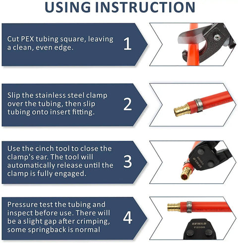 Instructions showing Pro Grade Pex Cinch Clamp Crimp Tool Kit With Stainless Steel Clamps Ratchet Self Release for pipe crimping