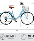 Foldable Cruiser Bike 26 Inch 7 Speed for Adults Men and Women, Lightweight Aluminum Frame With Quick Fold, side view, blue.