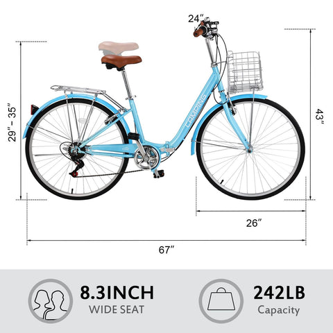 Foldable Cruiser Bike 26 Inch 7 Speed for Adults Men and Women, Lightweight Aluminum Frame With Quick Fold, side view, blue.