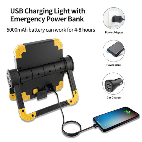 Rear view of Rechargeable 360 Degree Rotating LED Work Light with 2000 Lumen, charging a phone, USB cable connected