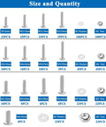 Chart showing 516 Piece Nuts Bolts and Washers Kit with 21 Sizes M3 M4 M5 M6 Phillips Pan Head Go To Assortment with quantities.