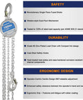 Industrial Mini Manual Chain Hoist with 1100 lbs capacity and 10 foot lift, GS certified safety features highlighted.