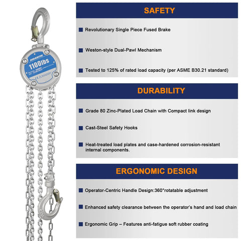 Industrial Mini Manual Chain Hoist with 1100 lbs capacity and 10 foot lift, GS certified safety features highlighted.