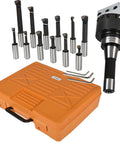 12 Pack 3 Inch Boring Head With R8 Shank And 3 Quarter Inch Carbide Boring Bars Set for milling, shown with case and tools