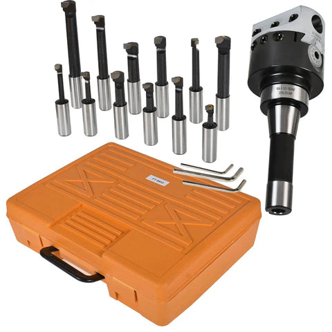 12 Pack 3 Inch Boring Head With R8 Shank And 3 Quarter Inch Carbide Boring Bars Set for milling, shown with case and tools