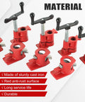 Rock Solid Four Pack Half Inch Pipe Clamps For Wood Glue Ups Made From Heavy Duty Cast Iron in red with anti-rust finish.