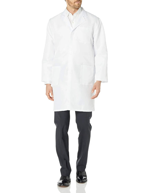 Professional Lab Coat For Men And Women Long Sleeve White Unisex Size Large shown on male model in cotton polyester blend