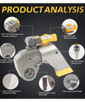 Heavy Duty Hydraulic Torque Wrench With Square Drive Made From Strong Aircraft Alloy, featuring rotary joint and quick connector.