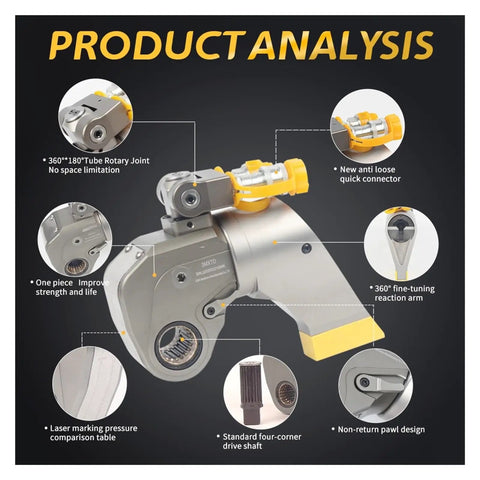 Heavy Duty Hydraulic Torque Wrench With Square Drive Made From Strong Aircraft Alloy, featuring rotary joint and quick connector.