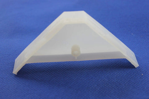 Close-up of a 12 Pack 90 Degree Cabinet Triangle Brackets White Durable Plastic Corner Support Brace with Off Center Screw Hole for Easier Access.