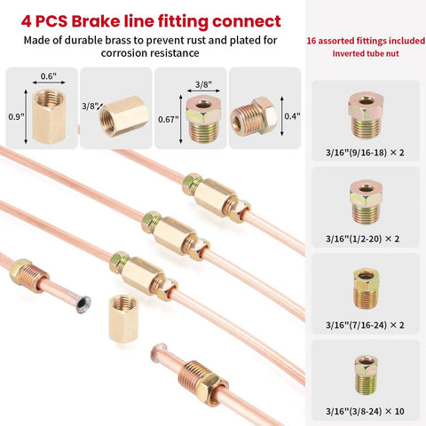 3/16 Inch Copper Coated Brake Line Kit 25 Feet With 20 Fittings And 4 Unions Included Plus Double And Single Flare Tool Kit Rust And Corrosion Resistant For Automotive Fuel And Hydraulic Systems Built Tough showing brass fittings and copper lines