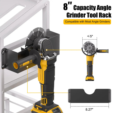 Heavy Duty Metal Circular Saw Holder Wall Mount And 3 Tier Tool Organizer for 7 and a Quarter Inch Saws with angle grinder rack.
