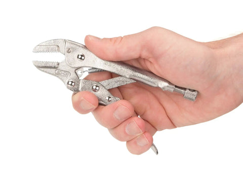 Hand holding 5 Inch Straight Jaw Locking Pliers With Pull To Release Lever for welding, assembly, and clamping sheet metal and L angle.