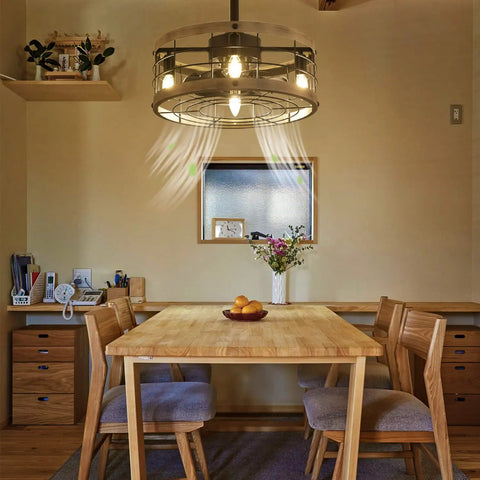 Farmhouse Style Ceiling Fan With Light And Remote Caged Low Profile Flush Mount Ceiling Fan In Black And Wood over dining table