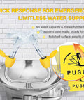 Go To Wall Mounted Eye Wash Station With Eyewash Sign For Emergency Eye And Face Washing In Commercial Settings Stainless Steel 304 Construction NPT Thread Plumbing Connection, showing water jets and push lever.