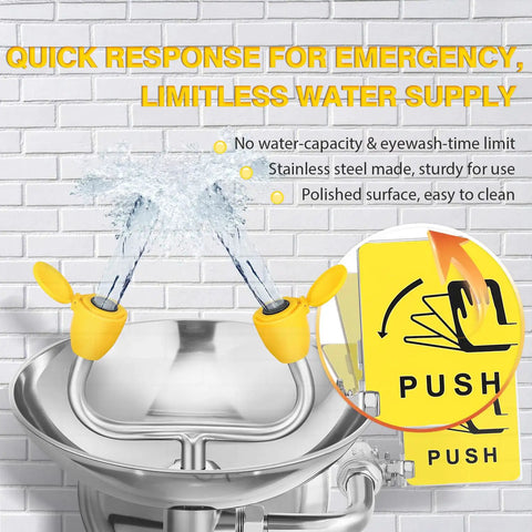Go To Wall Mounted Eye Wash Station With Eyewash Sign For Emergency Eye And Face Washing In Commercial Settings Stainless Steel 304 Construction NPT Thread Plumbing Connection, showing water jets and push lever.