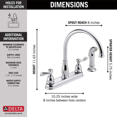 Windemere Chrome Kitchen Faucet With Side Sprayer For Four Hole 8 Inch Center Install, dimensions and installation details shown