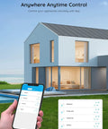 Hand holding phone controlling devices with Smart Plug 15A WiFi Bluetooth Outlet Works With Alexa And Google Assistant, modern home in view.