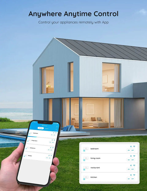 Person using smartphone to control Super Solid 15A WiFi Smart Plug And Bluetooth Outlet 4 Pack in a modern home setting.