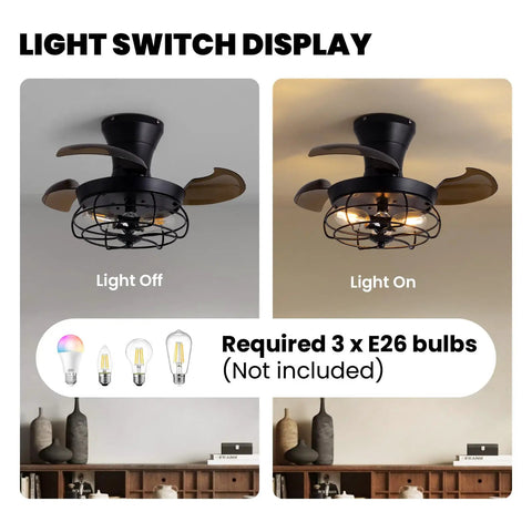 36 Inch Black Caged Retractable Blade Ceiling Fan With Lights And Remote Five Light Rustic Industrial Chandelier Style light switch display