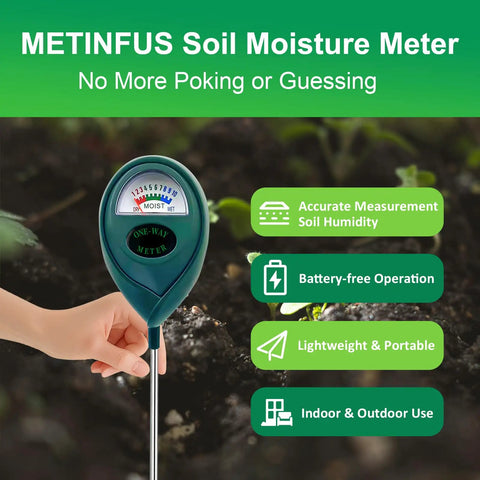 Hand using Pack Of 4 Green Soil Moisture Meters For Plants, Soil Tester And Hygrometer For Garden, Farm And Lawn, Battery Free
