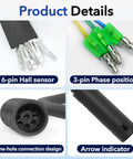 Detailed view of 6-pin hall sensor, 3-pin phase position, nine-hole connection design, arrow indicator for motor extension cable.