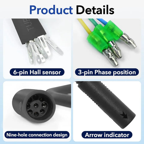 Detailed view of 6-pin hall sensor, 3-pin phase position, nine-hole connection design, arrow indicator for motor extension cable.