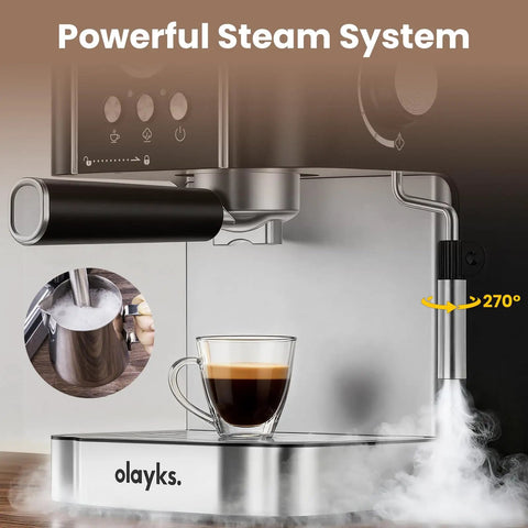 Professional 20 Bar Espresso Coffee Maker With Built In Steam Wand And Silky Milk Frother, semi automatic design with frothing pitcher.