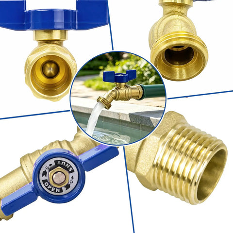 Real Deal Two Pack Brass Garden Hose Bib Featuring Quarter Turn Handle And Half By Three Quarter Inch Pipe Thread with water flowing.