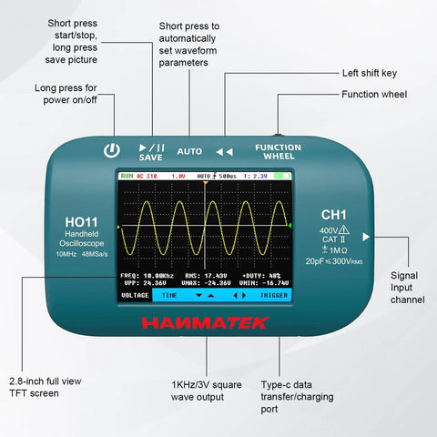 On The Go Handheld Digital Oscilloscope With 10MHz Bandwidth 48MSaS Sampling displayed with 2.8 inch color screen and controls