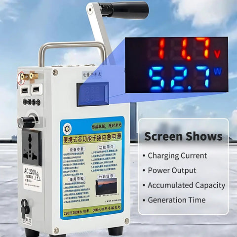 Hand Crank Portable Power Station With USB And AC Outlet No Fuel Needed Emergency Backup Generator detail with display panel