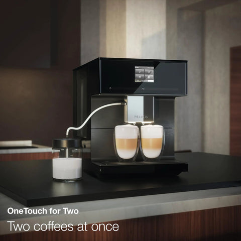 Hassle Free Fully Automatic Coffee And Espresso Maker With Built In Milk Frother, Quiet Grinder, One Touch Brewing, Programmable Daily Timer, Top Shelf Kitchen Essential brewing two cups simultaneously.