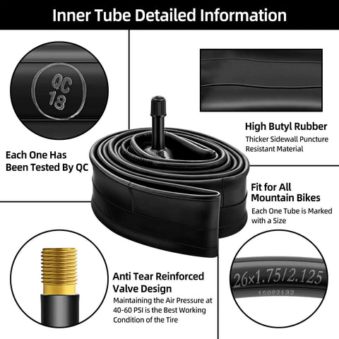 26 Inch Mountain Bike Inner Tubes 2 Pack For 26x1.75 To 2.125 Tires With Schrader Valve details and features displayed