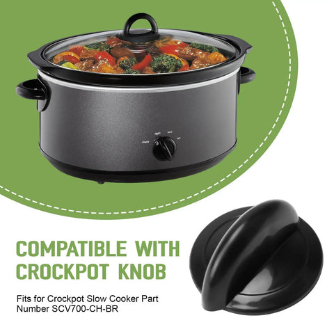 Replacement Slow Cooker Knob For SCV700-CH-BR Model, heat-resistant plastic dial next to slow cooker with food inside.