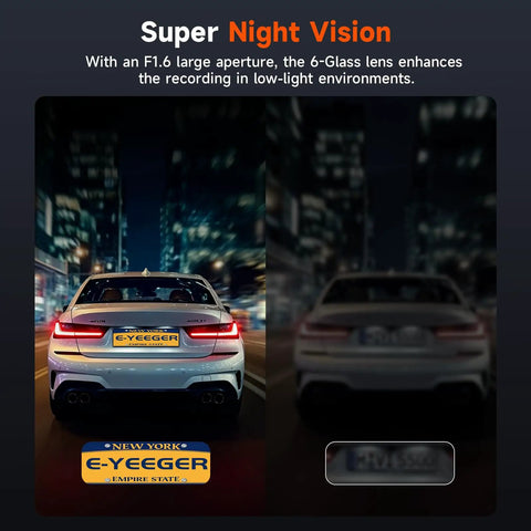 4K Front And Rear Dash Cam For Cars With Night Vision Dual Channel comparison of license plate visibility in low light.
