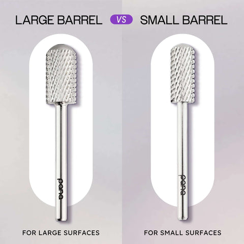 PANA 3/32 in small smooth round-top carbide nail drill bit, silver; for gel and acrylic removal; shown with large and small barrels.