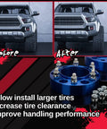 Before and after installation of 1.5 Inch Wheel Spacers Set Of 4 For 6x139.7mm Bolt Pattern 6 Lug Hubs Hub Centric 106mm Bore