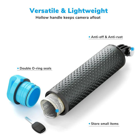 Floating GoPro Hand Grip Accessory Floaty Stick Waterproof Handle with blue cap, showing storage space and wrist strap details.