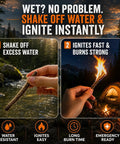 Hand holding stick from 34 Piece Fire Starter Survival Kit With Three Ferro Rods And Striker Tinder Includes 20 Waterproof Tinder Balls And 10 Water Resistant Fire Ropes For Quick Sparks Fast Easy Flames And Reliable Outdoor Fire Making