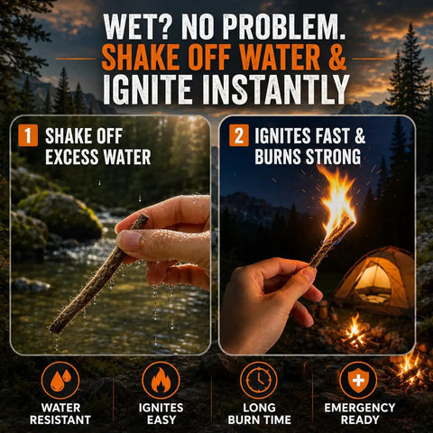 Hand holding stick from 34 Piece Fire Starter Survival Kit With Three Ferro Rods And Striker Tinder Includes 20 Waterproof Tinder Balls And 10 Water Resistant Fire Ropes For Quick Sparks Fast Easy Flames And Reliable Outdoor Fire Making