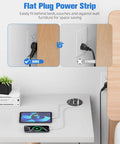 Flat plug power strip comparison image showing compact design behind furniture for space-saving with phone charging.
