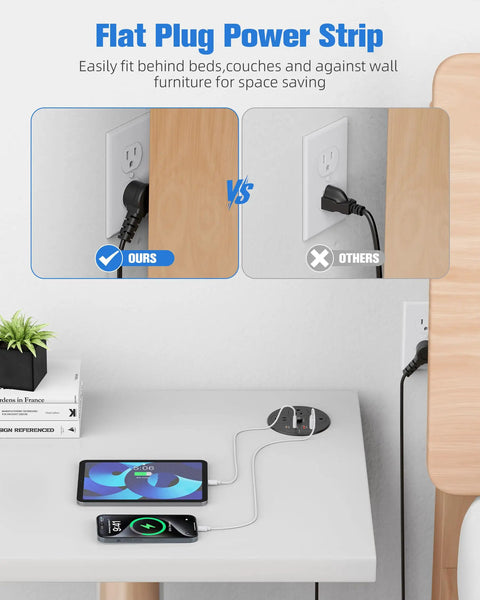 Flat plug power strip comparison image showing compact design behind furniture for space-saving with phone charging.