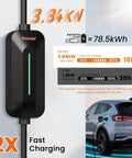 Portable Level 1 And 2 EV Charger With 16A 3.8 KW J1772 Plug 25ft Cord NEMA 6-20 110V-240V ETL FCC Certified in use with car