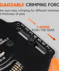 Close-up of adjustable crimp force settings on Deutsch 4 Indent 8 Impression Ratchet Crimp Tool Kit with 7-mode gear.