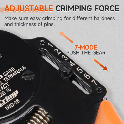 Close-up of adjustable crimp force settings on Deutsch 4 Indent 8 Impression Ratchet Crimp Tool Kit with 7-mode gear.
