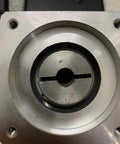 Planetary gearbox gearhead front view; silver aluminum housing with central shaft bore and keyway, four mounting holes