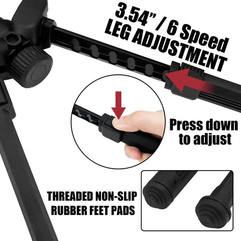Adjusting leg of 360 Degree Swivel Adjustable Bipod With Quick Detach Lever Six Height Settings From 7.5 To 10.625 Inches Beefy Nylon And Aluminum Build Rugged Outdoor Hunting Bipod For Precision Shots Black