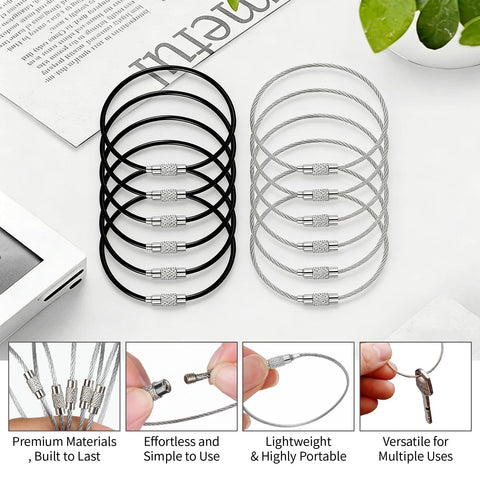Twenty Pcs Stainless Steel Wire Keychain Cables With 1.5mm Core And 6 Inch Large Key Rings For Luggage Tags Black And Silver